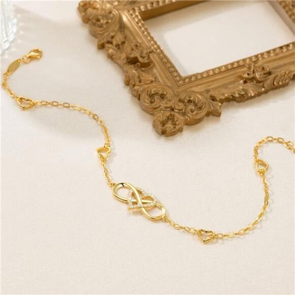 BlingGem Gold Infinity Heart Anklet Women Sterling Silver CZ Beach Jewelry - Picture 3 of 7